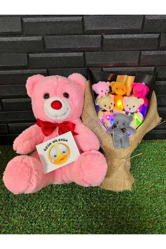 lenostra Ayicik-Buketi78 Ozur Hediyesi 35Cm Pembe Ayıcık Ve Rengarenk Işıklı 6Lı Ayıcık Buketi