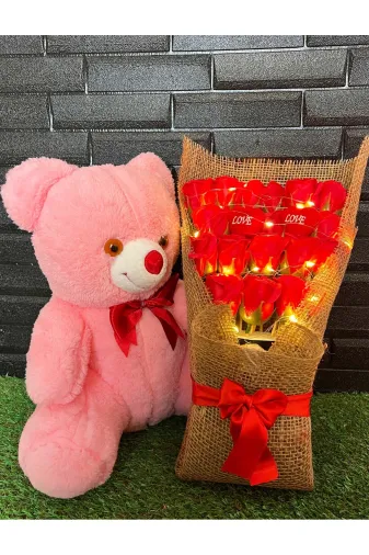 lenostra Cicek-Buket10 Sevgiliye Hediye 35Cm Pembe Ayıcık Ve 18Li Işıklı Yapay Gül Buketi Sevgiliye Cicek Sevgililer Gunu