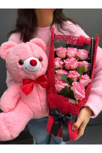 lenostra Cicek-Buket42 35Cm Pembe Ayıcık Ve Pembe Kadife Gül Buketi Hediye Sepeti Yılbaşı Cicek Sevgiliye Buket