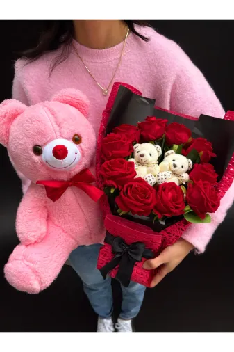 lenostra Cicek-Buket44 Sevgiliye Hediye Ayıcıklı Kırmızı Gül Buketi Ve 35Cm Pembe Ayıcık Yil Donumu Dogum Gunu Ozur