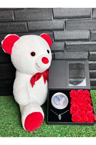lenostra Hediye-Sevgiliye-Ozel31 Hediye Sevgiliye 35Cm Beyaz Ayıcık Ve İstiridye İçinde İnci Kolye Sevgiliye Hediye Seti