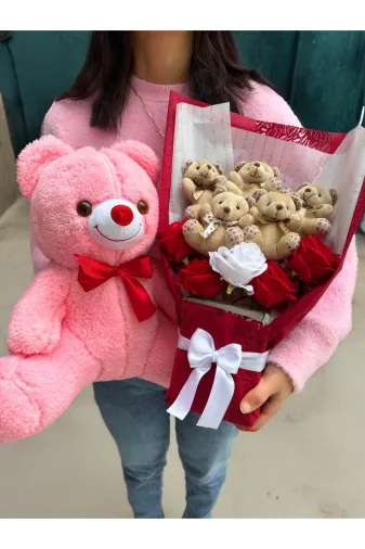 lenostra Sevgili-Buket6 Kiza Hediye 35Cm Pembe Ayıcık Ve Kırmızı Beyaz Güllü Ayıcıklı Çiçek Buketi Peluş Buket Dogum Gunu