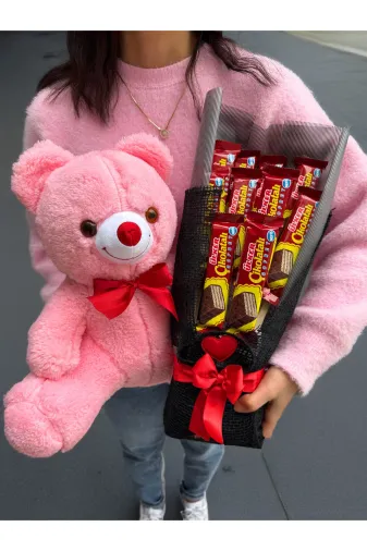lenostra Sevgili-Buket8 Sevgiliye Alınacak Hediye 35Cm Pembe Ayıcık Ve Çikolatalı Gofret Buketi Hediyelik Çikolata
