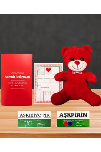 lenostra Sevgili-Set26 Sevgiliye Romantik Hediye Kırmızı Ayıcık - Aşkpirin - Aşkıbiyotik - Sevgili Cüzdanı Ve Aşk Tapusu