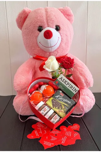 lenostra Sevgiliye-Ozel53 Sevgiliye Romantik Hediye 55Cm Pembe Ayıcık Ve Kalp Kutuda Lezzetler