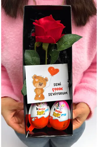 lenostra Sevgiliye-Set4 Sevgiliye Hediye Kırmızı Gül Ve Kinder Joy Yumurtalar Sevgiliye Hediye Seti Sevgili Hediyelik