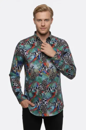 Leopar Desenli Slim Fit Uzun Kollu Çok Renkli Erkek Gömlek - Wessi - XL / Mavi