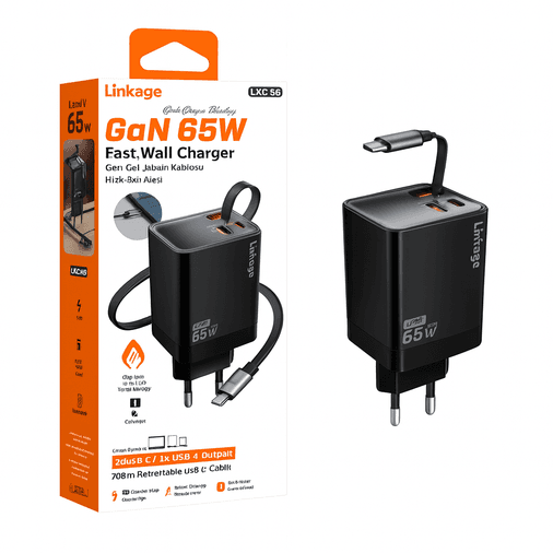 Linkage Lkc-56 Gan 65Watt 2Xusb-C + 1Xusb-A Çıkışlı, Dahili Usb-C Kablolu Hızlı Duvar Şarj Aleti