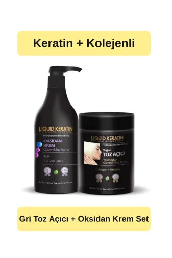 Liquid Keratin EKST0047 Keratinli Gri Toz Açıcı Ve Oksidan Kremli Set (Yakmadan Evde Kolay Saç Rengi Açma) 1000Ml Kuaför Boy