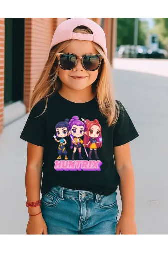 lovver HU2 Huntrix Rumi,zoey,mira Tasarimli Pamuklu Nefes Alan Kumaş Premium Baskili Çocuk Tişort