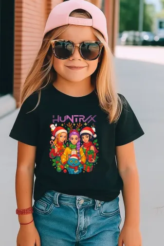 lovver hunx1 Kpop Huntrix Noel Tasarımlı Rumi,zoey,mira %100 Pamuk Nefes Alan Kumaş Siyah Çocuk Tişort