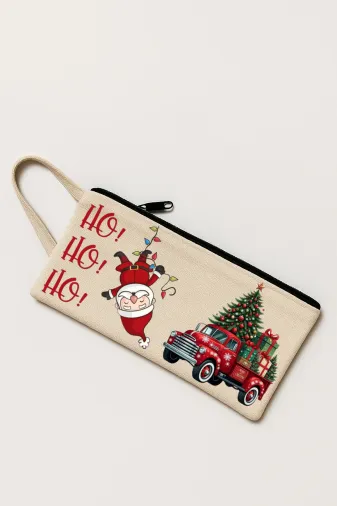 lovver nom8 Christmas Noel Noel Baba Yılbaşı Tasarımlı %100Pamuk Kalemlik, Çanta, Makyaj Çantası, El Çantası