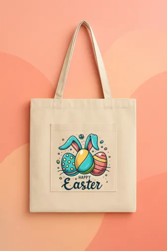 lovver paskall10 Easter Bunny Paskalya Yumurtası Özel Tasarımlı %100 Pamuklu Premium Baskılı Kanvas Çanta
