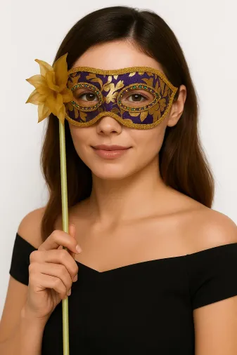 Lüks Taşlı Saplı Maskeli Balo Maskesi Mor Renk 35 cm (4745)