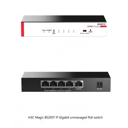 Magic BS205T-P, 5 Port, GigaBit, 4 Port PoE, 57W, +1 Port GigaBit Uplink, Metal Kasa, Yönetilemez, Masaüstü Switch