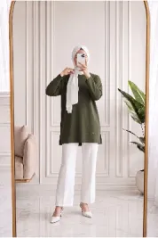Mahay Kalp Nakışlı Yırtmaçlı Tunik-SS13074 Haki