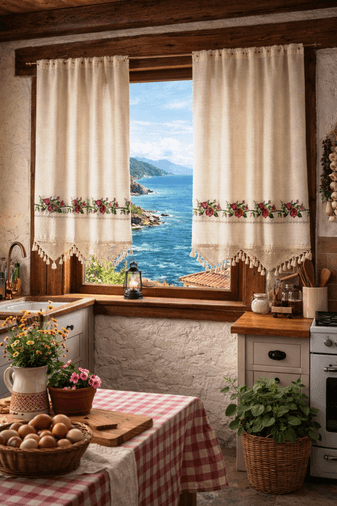 Mandaş Buldan Otantik Naturel Nakışlı Buldan Perde Rustikli 2 Parça 120*140