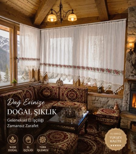 Mandaş El İşi Dantelli Kanaviçe Buldan Perdesi Tek kanat (275*190)