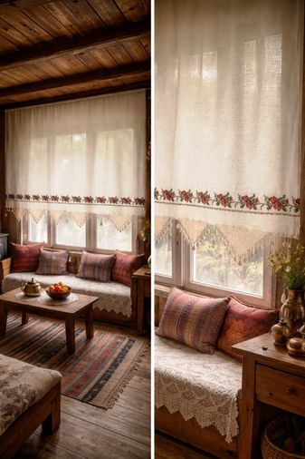 Mandaş El İşi Dantelli Kanaviçe Buldan Perdesi Tek kanat (300*170)
