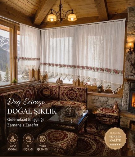 Mandaş El İşi Dantelli Kanaviçe Buldan Perdesi Tek kanat (300*190)