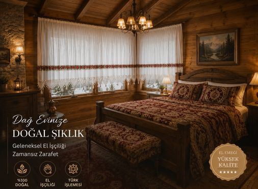 Mandaş El İşi Dantelli Kanaviçe Buldan Perdesi Tek kanat (325*190)