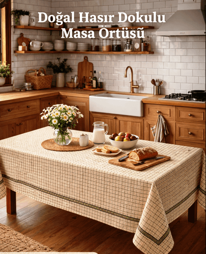 Mandas  Hasır Dokulu  bordürlü masa örtüsü bej   130*160