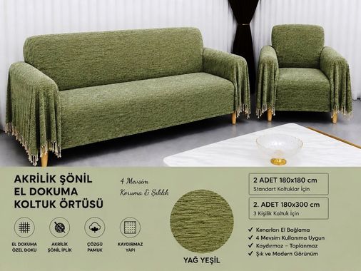 Mandaş Şönil Dokuma Koltuk Örtüsü Maxi Takım 3+3+1+1 açık yağ yeşil