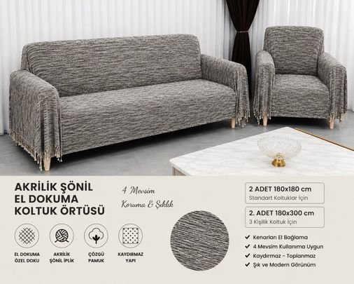 Mandaş Şönil Dokuma Koltuk Örtüsü Maxi Takım 3+3+1+1 k gri