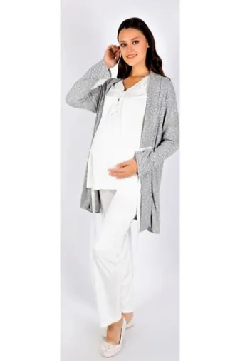 Marilyn 20373 Gri Sabahlıklı 3'lü Lohusa Pijama Takımı Ekru