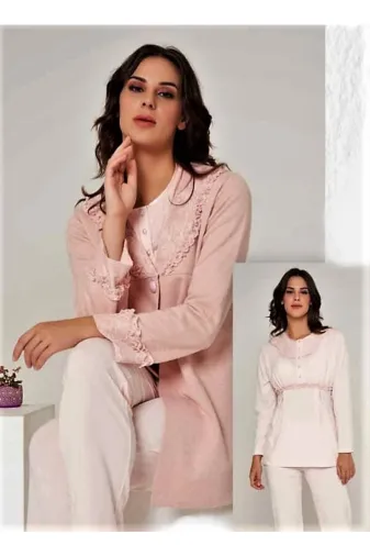 Marilyn Pijama 22364 Sabahlıklı 3'lü Lohusa Pijama Takımı Somon