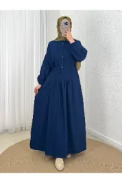 Maruna Poplin Pileli Düğmeli Elbise-NA2404 Bordo