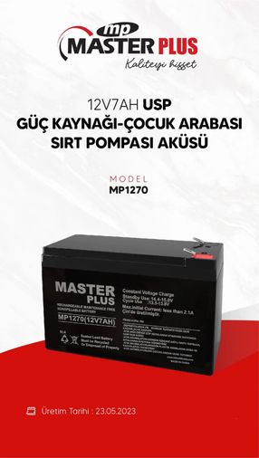Masterplus 12V7Ah Kuru Akü Usp Güç Kaynağı-Çocuk Arabası Sırt Pompası Aküsü Mp1270