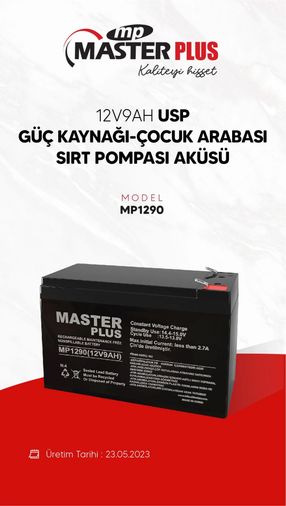 Masterplus 12V9Ah Kuru Akü 12V9Ah Usp Güç Kaynağı-Çocuk Arabası Sırt Pompası Aküsü