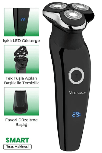 MD-7802 Medisana Smart Alman Tasarım Led Ekranlı Esnek Oynar Başlıklı Ipx5 Islak Kuru Şarjlı Tıraş Makinesi