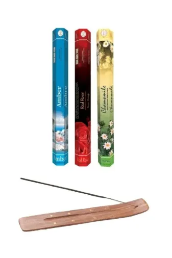 Medeniyet Baharat AKGP60ADT Flute 60 Adet Tütsü (Amber, Kırmızı Gül, Papatya) Işlemeli Ahşap Tütsü Kayığı Hediyeli