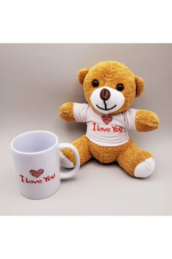 MEKs TTT-24242450314 Kahverengi I Love You Tişörtlü Ayıcık Ve Baskılı Kupa Seti