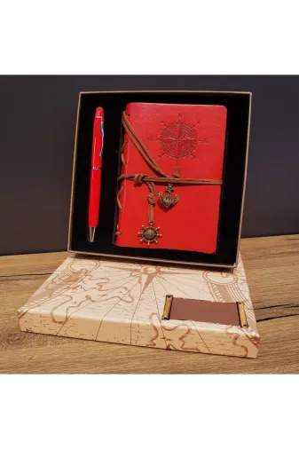 MEKs TTT-24242450449 Kırmızı Pusula Tasarım Deri Defter Ve Touchpen Kalem Seti