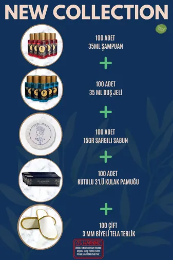 mesimo 64353645743 Otel Şampuanı + Duş Jeli + Sabunu + 3Lü Kulak Pamuğu + Terlik 100Lü Set Etiketli