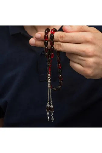 MEVAFA T9195 Gümüş Kırmızı Siyah Ateş Kehribar Tesbih