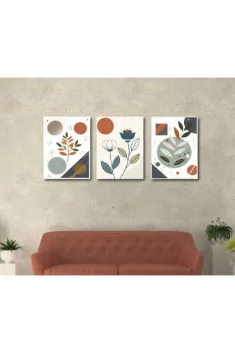 M&H Quality 151561015100 3’Lü Mdf Tablo Seti 30X40 Cm Soyut Geometrik Yaprak & Çiçek Modern Duvar Dekoru
