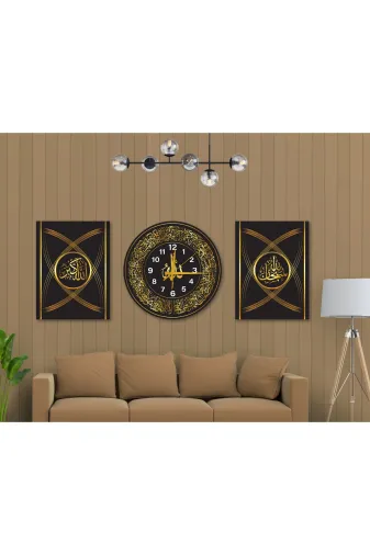 M&H Quality 54445410225 Subhanallah & Allahu Ekber Yazılı 3’Lü Dekoratif Duvar Tablo Ve Saat Seti Siyah Gold Premium Mdf