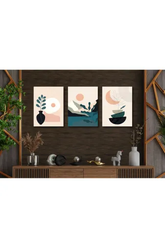 M&H Quality 546546510051511 Pastel Boho Minimal 3’Lü Mdf Tablo Seti – Modern Soyut Vazo & Manzara Duvar Dekoru