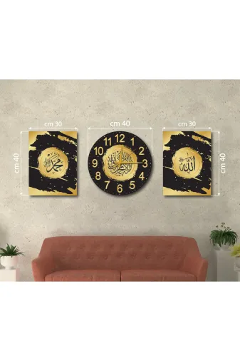 M&H Quality 6516546506510 Lüks Siyah Altın 3'lü Duvar Dekoru Seti (2 Tablo+1 Saat) | Hat Sanatı