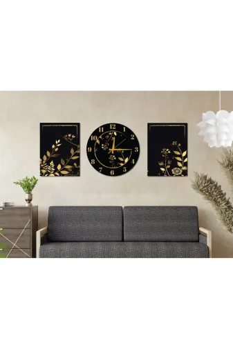 M&H Quality 68541846516510 3’Lü Dekoratif Duvar Tablo Ve Saat Seti – Siyah Gold Modern Mdf Duvar Dekoru