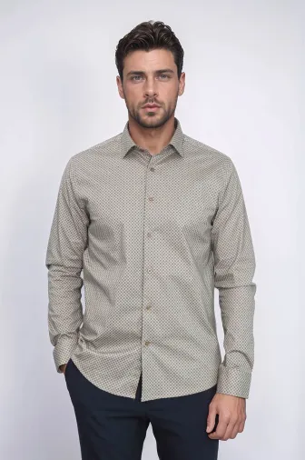 Mini Kare Desenli Slim Fit Açık Kahve Erkek Gömlek - Wessi - L / Kahverengi