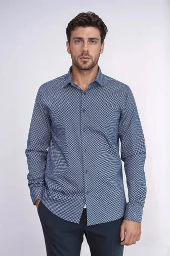 Mini Kare Desenli Slim Fit Mavi Erkek Gömlek - Wessi - XL / Lacivert