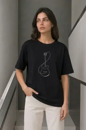 Minimal Gitar Baskılı Tişört T-Shirt Yazlık Kısa Kol Bisiklet Yaka T-Shirt - Siyah - 2XL - Siyah