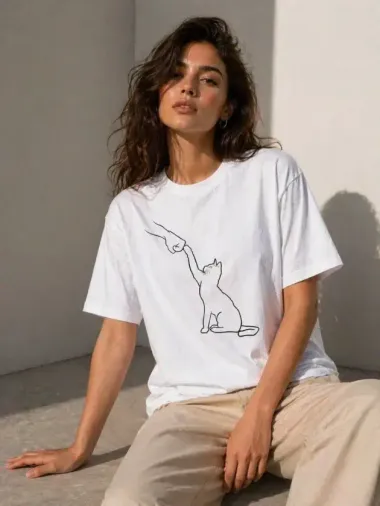 Minimal Kedi Çizim Baskılı Tişört Kısa Kol Yazlık T-Shirt - Beyaz - M - Beyaz