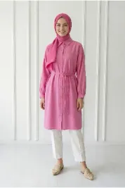 Miresia Bağcıklı Uzun Modal Gömlek-PE261 Pembe