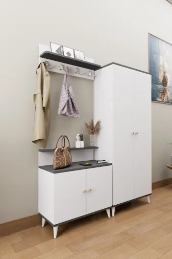 Mirobi Mrb-Lft-Vest-Tk-ByzAnt Loft Vestiyer Takımı Askılıklı 2 Kapaklı Ayakkabılık Dolabı Beyaz Antrasit